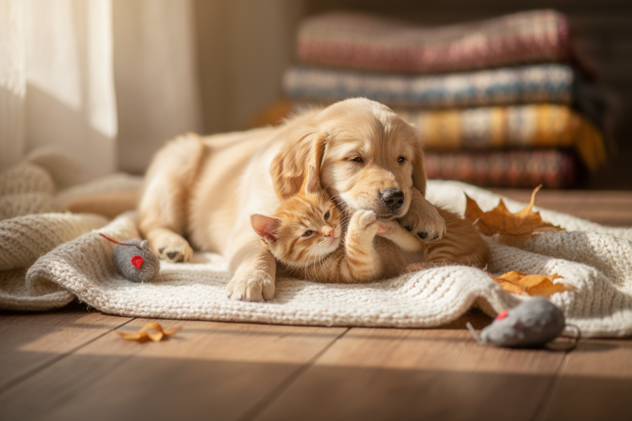 Cachorro y gatito acurrucados jugando